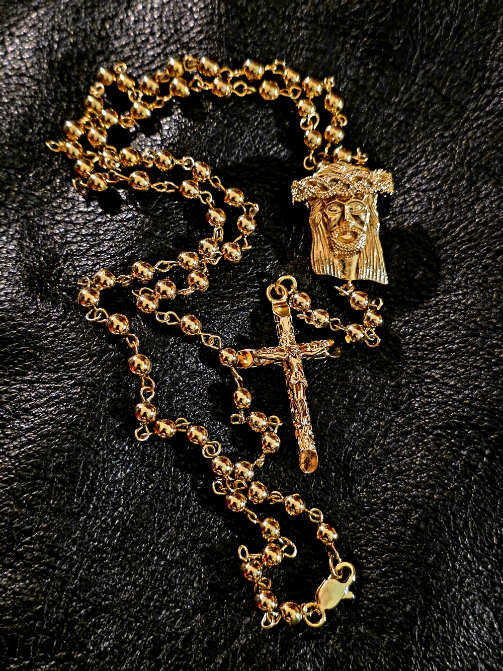 Source Unknown Gold Rosary Necklace with Jesus Face Pendant and Crucifix